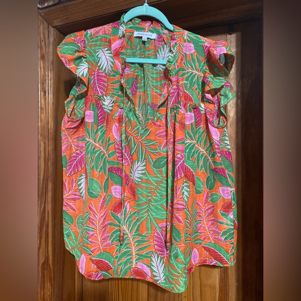 Rose & Olive Tropical Leaf Print Flutter Sleeve Blouse in Orange, Pink & Green